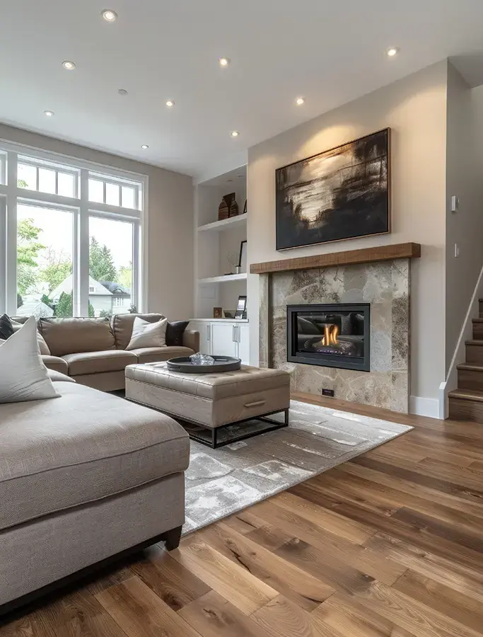 Living room with fireplace and large windows